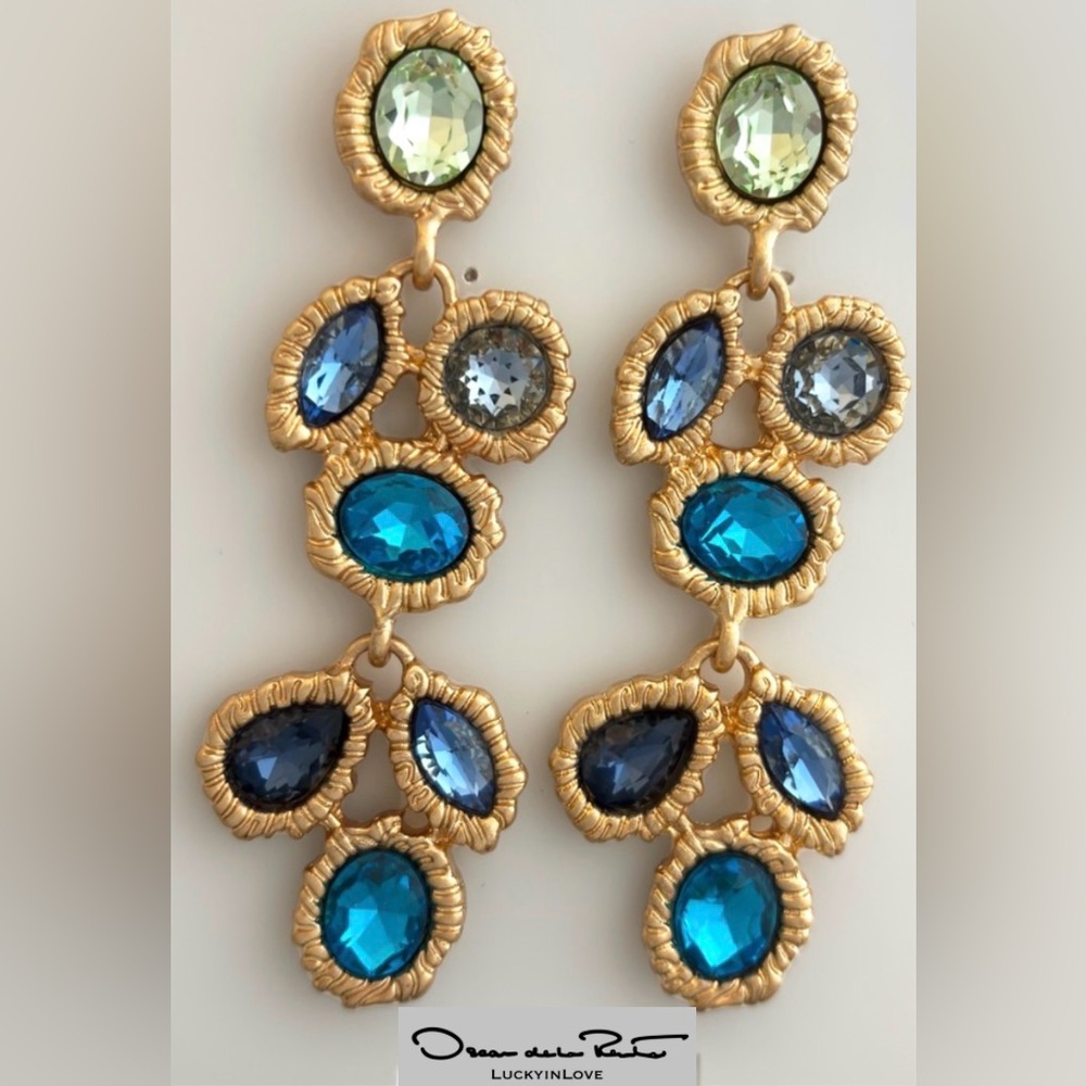 Oscar de la Renta • Lintzer Crystal Chandelier Drop Earrings green + blues